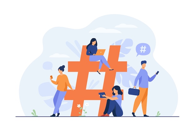 Tiny people near hashtag for social media flat illustration.