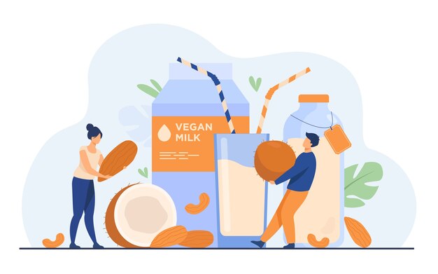 Tiny people near lactose free milk flat vector illustration. Cartoon vegan almond, oat, rice, soya and seed beverages. Wellness and delicious raw food concept