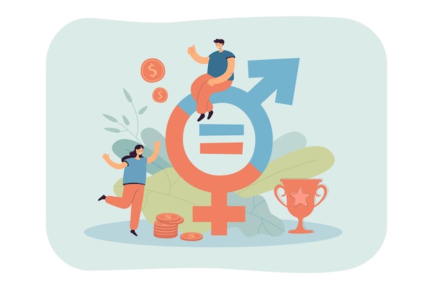 돈과 성별에 가까운 작은 사람들이 평면 그림에 서명