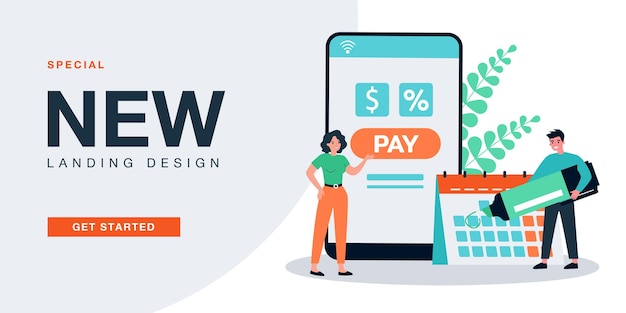 Piccole persone e app calendario online per il pagamento mensile. persona che segna la data di scadenza sull'illustrazione vettoriale piatta del pianificatore digitale. giorno di paga, prestito, concetto per banner, progettazione di siti web o pagina web di destinazione