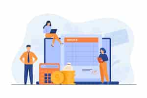 Free vector tiny people preparing invoice on computer isolated flat illustration.