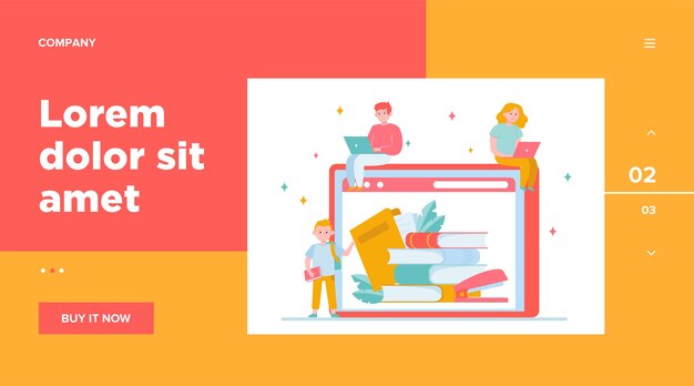 Крошечные люди читают книги в онлайн-библиотеке. Интернет, ноутбук, техника. Концепция знаний и образования для дизайна веб-сайта или целевой веб-страницы