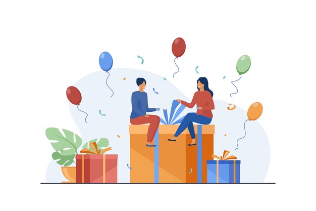 Tiny people sitting on gift box. Balloon, fun, birthday party flat illustration.