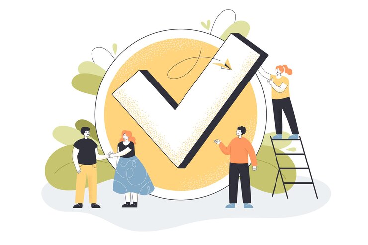 Free Vector tiny people standing near big checkmark. team of male and female characters finishing work with to do list or good job sign flat vector illustration. done job, checklist, time management concept