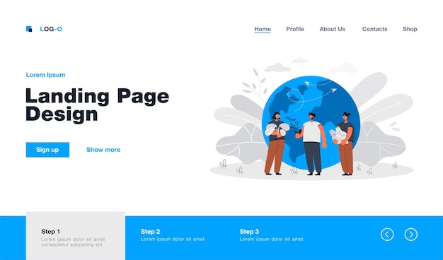 Tiny people standing near earth globe landing page in flat style. cartoon man and women near planet holding plants