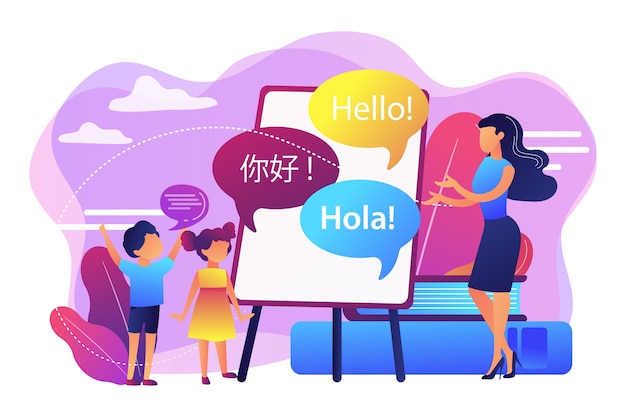 Free vector tiny people, teacher and kids in camp learning english, spanish and chinese