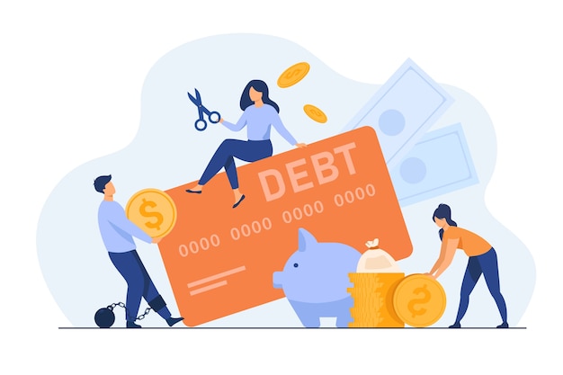 Free vector tiny people in trap of credit card debt flat illustration.