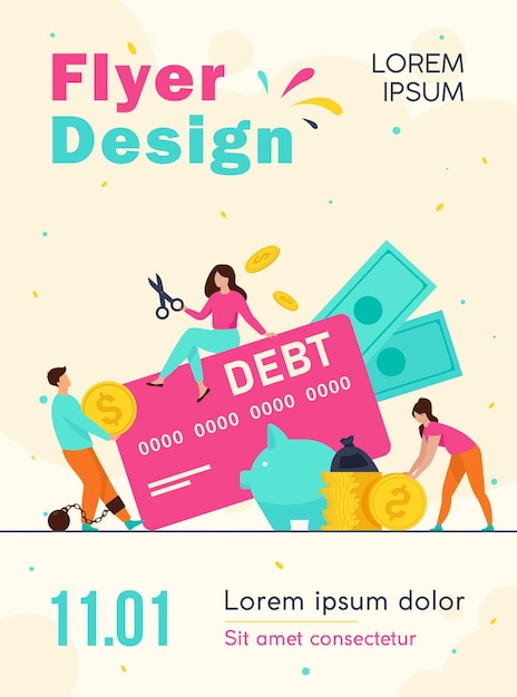 Free vector tiny people in trap of credit card debt flyer template