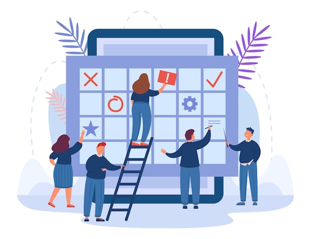 Tiny people using appointment calendar app for planning events. Male and female employees with online deadline reminder, planner schedule flat vector illustration. Time management, organizer concept