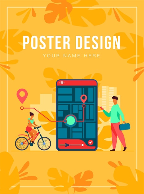 Free vector tiny people using mobile application with map outdoors isolated flat  illustration. cartoon phone with navigation tracking app. journey and technology concept