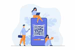 Бесплатное векторное изображение Крошечные люди, использующие qr-код для онлайн-платежей, изолировали плоскую иллюстрацию.