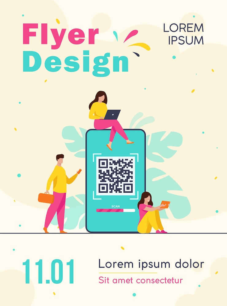 Free Vector tiny people using qr code for online payment isolated flyer template