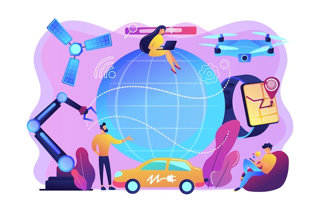 Tiny people using technological innovations, digital device. technological revolution, modern scientific innovations, technological progress concept. bright vibrant violet isolated illustration