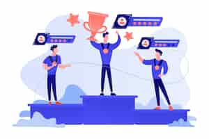 Free vector tiny people winners sportsmen on podium with rating stars. sports rating system, team player rating, competitive strength metrics concept illustration