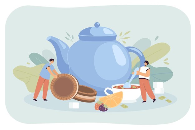 Tiny people with cup of tea and teapot flat vector illustration. Happy girl mixing sugar in huge cup of herbal or fruit tea with lemon. Boy with sweet chocolate biscuits. Hot winter beverage concept