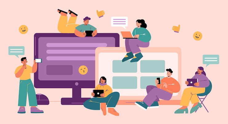 Free Vector tiny people with gadgets at huge computer desktops. young men and women with smartphones, laptops and tablets chatting and work. happy characters online communication line art flat vector illustration