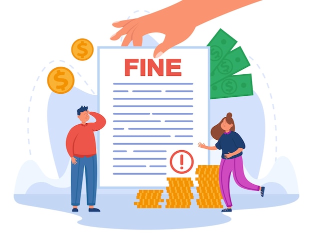 Free vector tiny people with huge fine document flat vector illustration. sad man and woman getting penalty or mulct from police for breaking law, paying traffic bill. punishment notice, economy concept