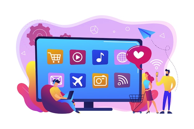 Tiny people with laptop, shopping cart using smart TV with apps. Smart TV applications, smart TV marketplace, television app development concept. Bright vibrant violet  isolated illustration