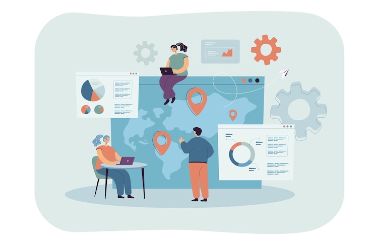 Free Vector tiny people with laptops doing global business research flat illustration