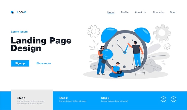 Tiny people working with alarm clock landing page in flat style. cartoon businesspeople working in team with chronometer
