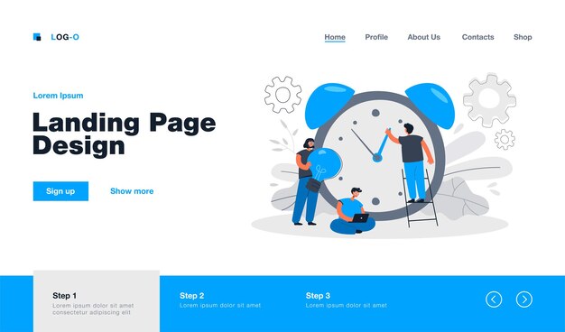 Tiny people working with alarm clock Landing page in flat style. Cartoon businesspeople working in team with chronometer