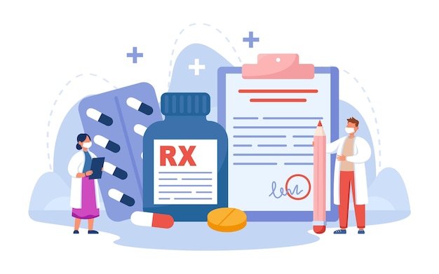 Крошечные фармацевты с рецептурными лекарствами для пациентов. Фармацевтическая промышленность, символ RX на бутылке болеутоляющих плоских векторных иллюстраций. Аптека, медицина, концепция здоровья для баннера