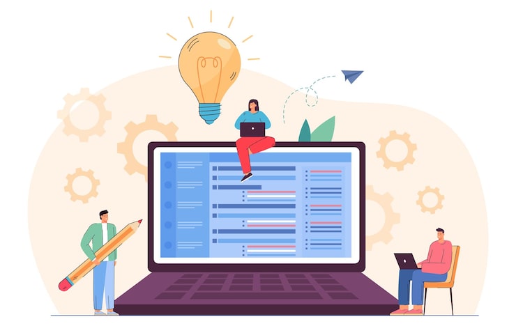 Free Vector tiny programmers on big laptop writing script. coders or app developers with computers flat vector illustration. programming, engineering, software development concept for banner or landing web page