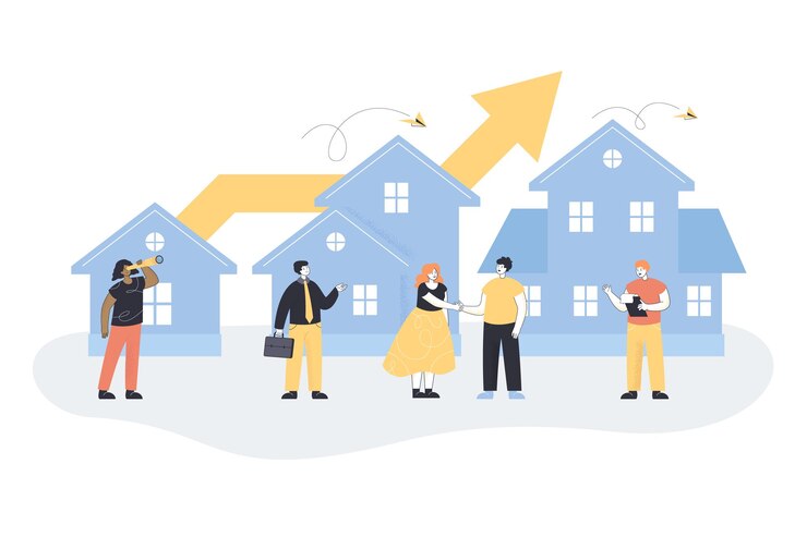 Free Vector tiny real estate agents with clients near houses. line growing upwards behind homes, increasing price of buildings and constructions flat vector illustration. real estate and property growth concept