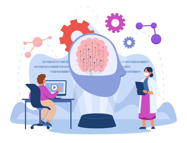 Free vector tiny scientists developing ai using machine learning. brain computing data flat vector illustration. artificial intelligence, technology, science concept for banner, website design or landing web page