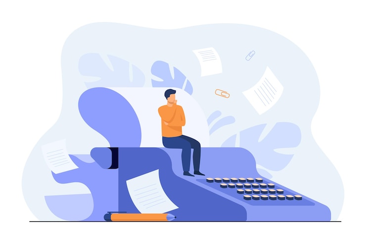 Free Vector tiny screenwriter sitting on retro typewriter, thinking screenplay while paper drafts flying around author