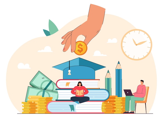 Free vector tiny students sitting near books getting university degree and paying money. education business flat vector illustration. college scholarship, finance system, school fee, economy, student loan concept