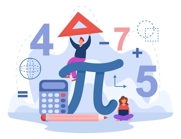 Studenti minuscoli con un'illustrazione vettoriale piatta pi grande segno. ragazzo e ragazza che studiano matematica e algebra a scuola o all'università, tenendo il righello, usando il computer portatile. figure geometriche sullo sfondo. concetto di educazione