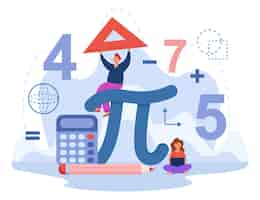 Vettore gratuito studenti minuscoli con un'illustrazione vettoriale piatta pi grande segno. ragazzo e ragazza che studiano matematica e algebra a scuola o all'università, tenendo il righello, usando il computer portatile. figure geometriche sullo sfondo. concetto di educazione