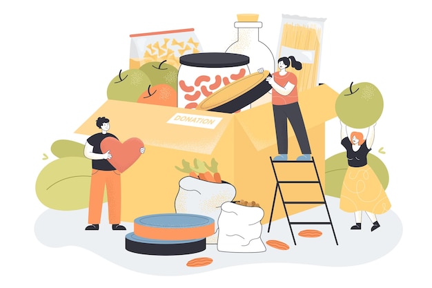 Free vector tiny volunteers sharing canned food and grocery products. help, support and assistance from people with charity cardboard box flat vector illustration. voluntary, delivery of humanitarian aid concept