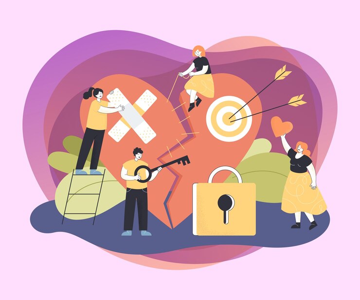 Free Vector tiny vulnerable characters repairing broken heart