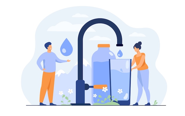 Free vector tiny woman pouring clean water from faucet with mountain landscape