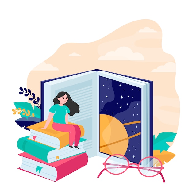 Free vector tiny woman sitting on huge book flat vector illustration