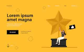 Free vector tiny woman sitting on large golden star. landing page in flat style.