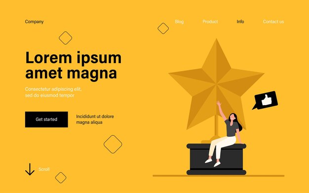 Tiny woman sitting on large golden star. Landing page in flat style.