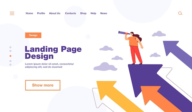 Free vector tiny woman standing on arrow and looking for future plans for success landing page template