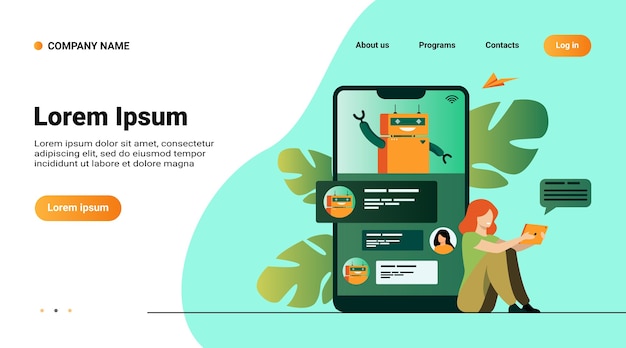 Vettore gratuito piccola donna che utilizza assistente mobile con chatbot isolato piatto illustrazione vettoriale. assistenza clienti moderna online