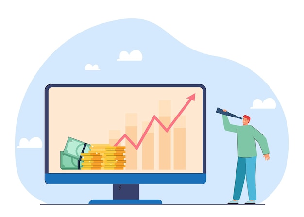 Tiny worker looking at increasing income chart through spyglass