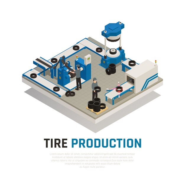 Tire production isometric composition with industrial equipment for manufacturing and maintenance of automobile wheel 