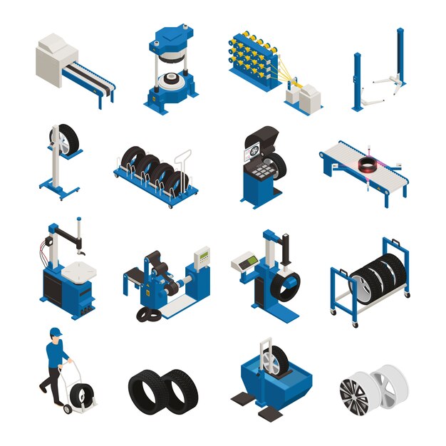 tire production isometric icons with industrial equipment for manufacturing and maintenance of automobile wheel 