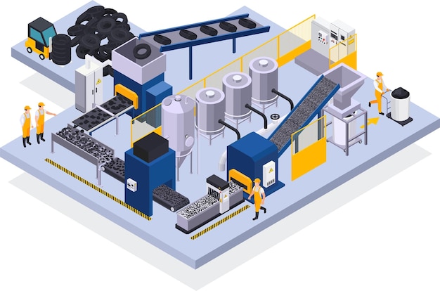 Vettore gratuito illustrazione isometrica di produzione di pneumatici