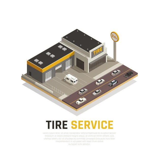 Tire production service isometric  composition with  cars and tyre shop building