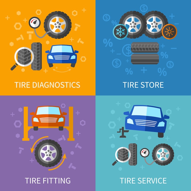 Free Vector tire service flat concepts  set. diagnostics and repair car banner 