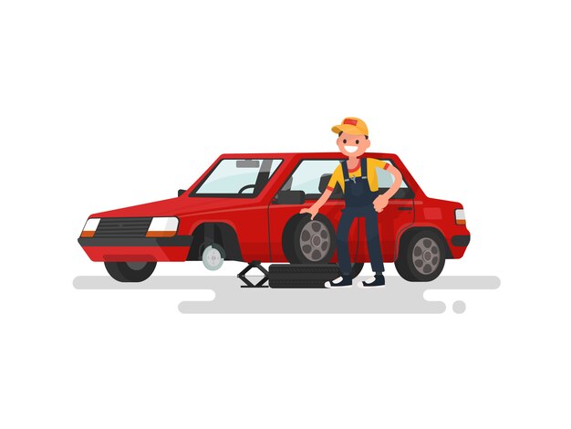 タイヤサービス パンクしたタイヤを変更する労働者の乗用車のイラスト プレミアムベクター