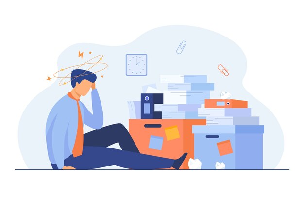 Tired man sitting on floor with paper document piles around flat illustration.