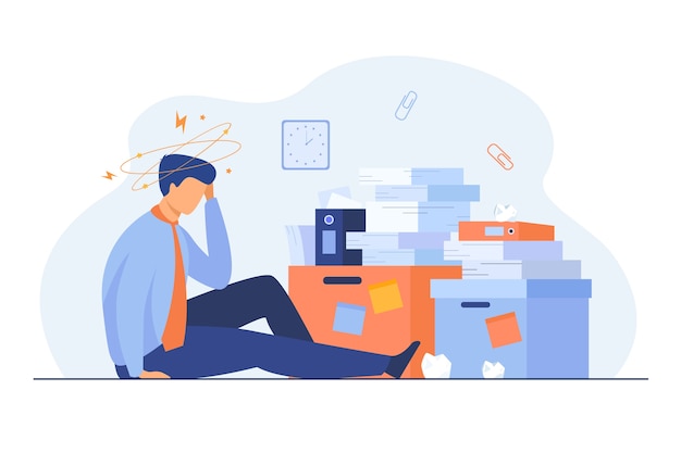 Tired man sitting on floor with paper document piles around flat illustration.